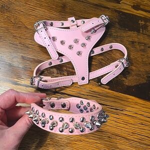 NWOT matching pink studded dog harness and collar